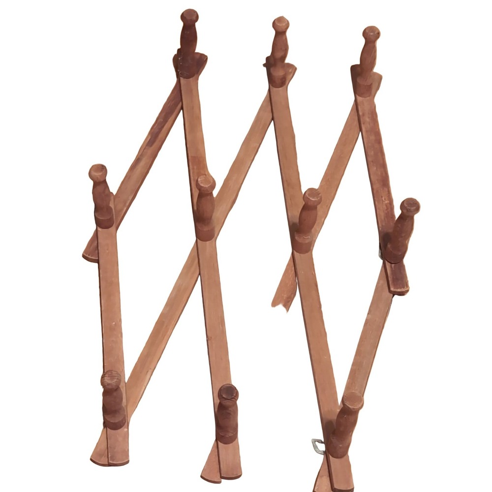 Vintage Wooden Accordion Peg Rack Wall Mounted Coat Hat Rack 10 Pegs Brown Japan